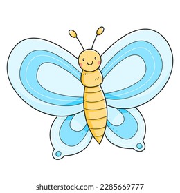 Blue butterfly in a cute doodle style. Butterfly character isolated on a white background. Vector illustration.