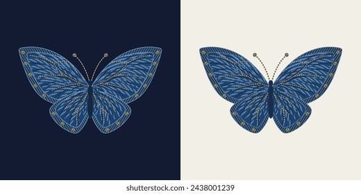 Blue butterfly in denim style, with jeans fabric textured wings, yellow thread stitches, jeans rivets. Detailed isolated illustration. Vintage style.