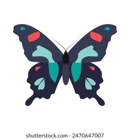 A blue butterfly displaying vibrant red spots on its wings.