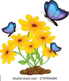 Dibujo vectorial de una mariposa azul y una flor