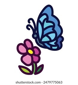 Blue butterfly flying towards pink flower colorful icon illustration with outline isolated on square white background. Simple flat cartoon art styled drawing.