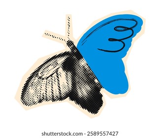 Blue butterfly halftone art collage cut out element. Paper clipping shape, spring or summer insect sticker, dotted texture, doodles and scribbles. Modern retro grunge mixed media vector illustration