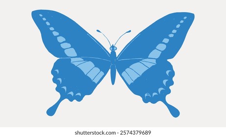 Blue butterfly illustration with detailed wings. The butterfly's blue color and intricate wing patterns make it a striking blue butterfly design. Vintage illustration isolated on white, vector.