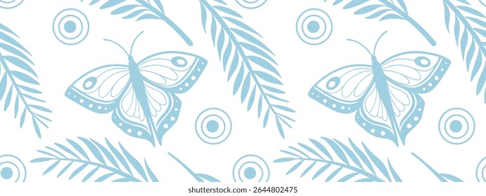 Blue butterfly and leaf seamless pattern in soft line art style. Perfect for nature-inspired backgrounds, fabric prints, and decorative design. Elegant, minimal, and stylish repeat artwork.