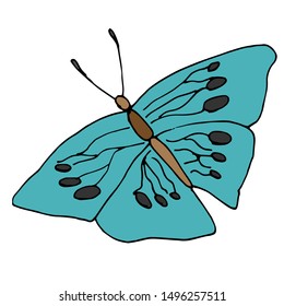 blue Butterfly on white background. Ready-made illustrations for postcards, posters, stickers, Souvenirs, notebooks, calendars, design.
Hand-drawn.Cartoon style. Vector