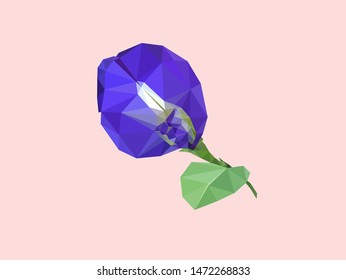 Blue butterfly pea flower with green leaves low polygonal design