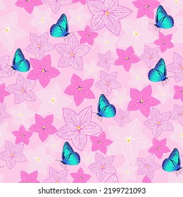 blue butterfly and pink flower seamless pattern. tropical floral print. good for fabric, dress, fashion, textile, wallpaper.