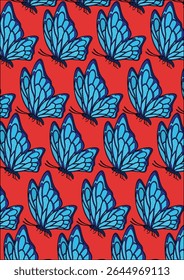 Blue Butterfly In Red Background Fabric Pattern Vector