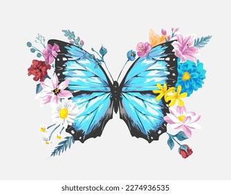 mariposa azul rodeada de flores coloridas ilustración vectorial	