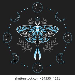 Ilustración vectorial de mariposa azul. Símbolo de alquimia esotérica. Diseño para póster, tarjeta, tatuaje.