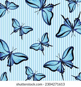 Blue butterfly vector illustration pattern isolated on light blue stripes line square background template. Elegant wallpaper backdrop for social media post, scarf or textile prints, wrapping paper.