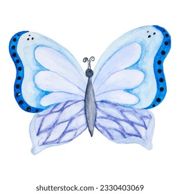 Blue butterfly watercolor, isolated on white background. 