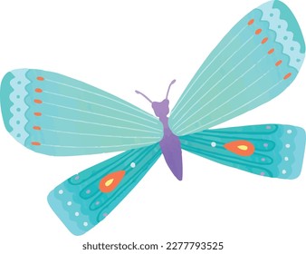 Blue Butterfly Watercolor Vector Illustration Isolated on White Background, Textured Lined Wings, Arabesque colorful effect, Purple and Turquoise Exotic Wings