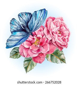 Blue butterfly and wild rose. Watercolor vector illustration