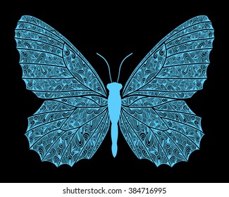Blue butterfly zentangle style. Vector illustration.