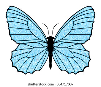 Blue butterfly. Zentangle style. Vector illustration.