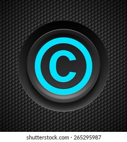 Blue button copyright symbol on a black textured background 