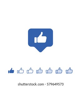 Blue button hand with thumb finger up. Like social icon.