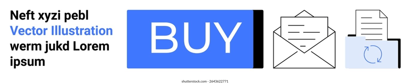Blue button labeled BUY, email envelope, document with refresh symbol, and placeholder text. Ideal for e-commerce, online shopping, communication, email, documents, updates, digital marketing