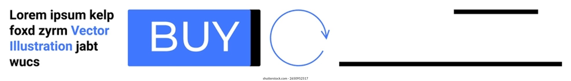 Blue button labeled BUY, placeholder text, circular arrow, black horizontal lines. Ideal for e-commerce, online shopping, UI design, web elements, purchase button, website design. Landing page