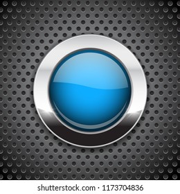 Blue button on metal perforated background. Round glass icon with chrome frame. Vector 3d illustration
