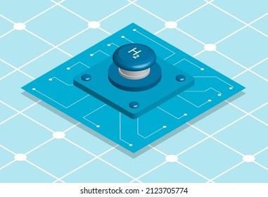 Blue Button With Sign Of Chemical Element Hydrogen. Transition To Alternative Energy Sources. Isometric 3D Concept. Vector