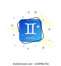 Blue button with the symbol of the Gemini zodiac sign, flat design
