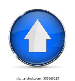Blue UP button with white arrow. Shiny 3d icon with metal frame. Vector illustration isolated on white background.