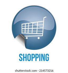 a blue button with a white shopping cart and text