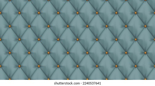 Blue buttoned upholstery background - eps10 vector. Fashionable surface with stitches. Cushioned texture with golden buttons.
