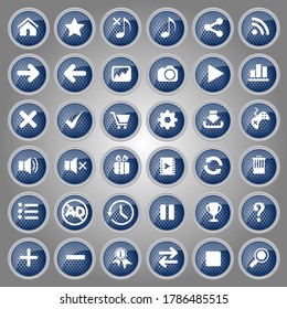 Blue buttons icon set design style metal for web and game.