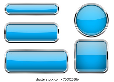 Blue buttons set. Glass icons with metal frame. Vector 3d illustration isolated on white background