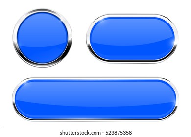 Blue buttons. Set of web icons with chrome frame. Vector illustration isolated on white background
