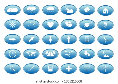 blue buttons with white icons - vector. Graphic illustration as template infographics and silhouette for travel, weather, romantic themes