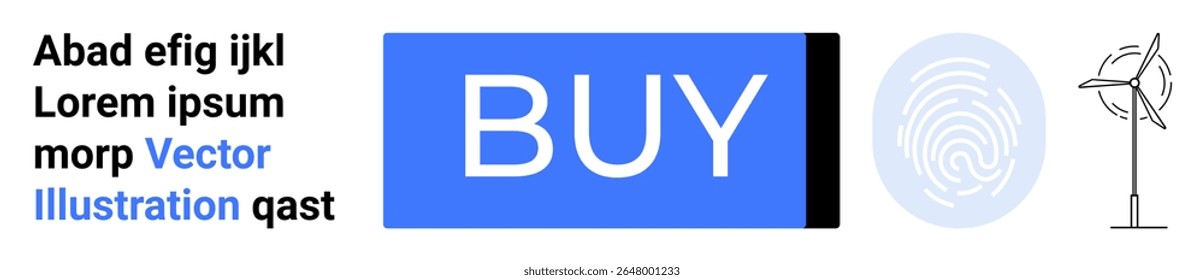 Botão de compra azul, impressão digital abstrata, gráfico de linha de turbina de vento, texto de amostra. Ideal para desenvolvimento na Web, comércio eletrônico, compras on-line, tecnologia, segurança, energia renovável, marca digital. Página inicial