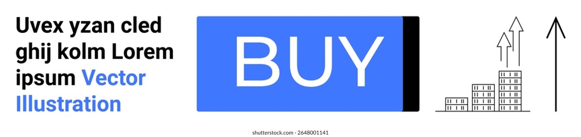 Blue BUY button, black text block with placeholder text, rising graph, and buildings. Ideal for e-commerce, online shopping, finance, growth, investment, marketing, and business. Landing page