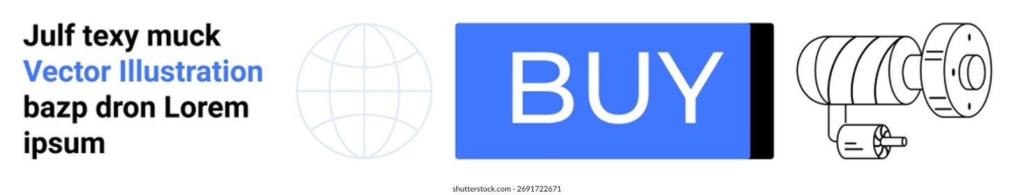 Botão, câmera, globo e elementos de texto azul BUY. Ideal para eCommerce, tecnologia, marketing, web design, compras on-line, negócios globais, interface do usuário. Aparência minimalista e profissional. Aterrissagem