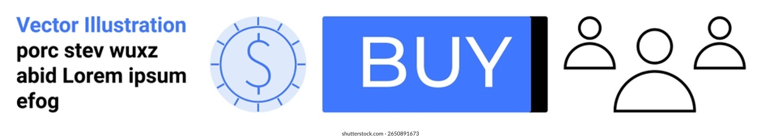 Blue buy button, dollar icon with abstract design, and simple user icons highlight key elements of online shopping. Ideal for e-commerce, user interaction, transactions, marketing, financial tech