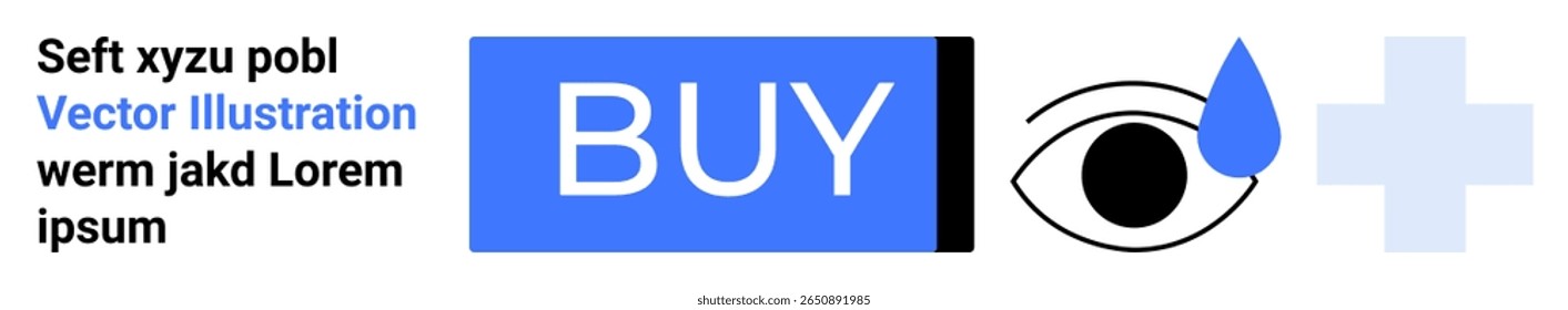 Blue BUY button, eye with drop, medical cross, white background, placeholder text. Ideal for e-commerce, healthcare, medical, online shopping, user interface design, web elements, digital products