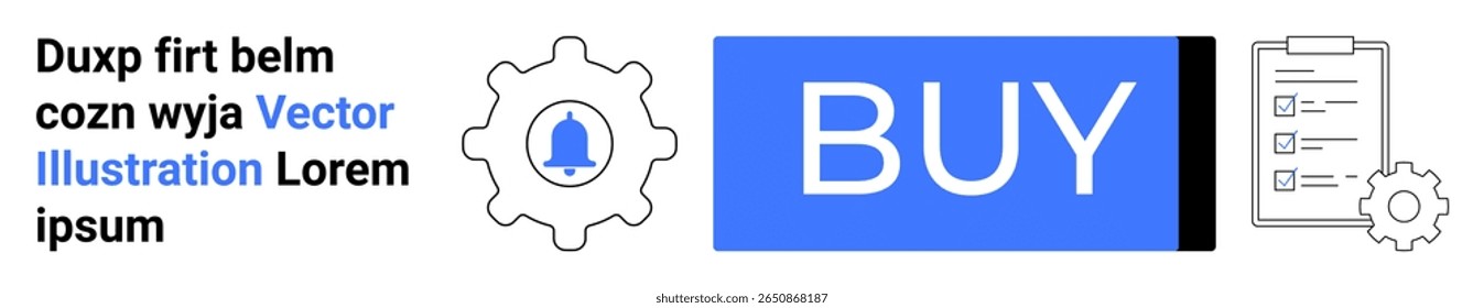 Blue BUY button, gear icon, bell icon, document with gear symbol, and text placeholders. Ideal for e-commerce, technology, online shopping, user interface, notifications, forms. Great for website