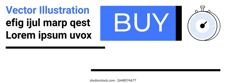 Botão de compra azul, cronômetro cinza, texto preto e linhas horizontais. Ideal para e-commerce, compras, gerenciamento de tempo, eficiência, urgência, marketing digital, planos de ação. Página inicial