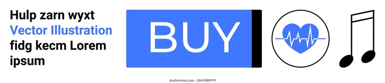 Blue BUY button, heart rate monitor icon, musical note, black text placeholder. Ideal for e-commerce, health, fitness, music, design, user interface, digital marketing. Landing page