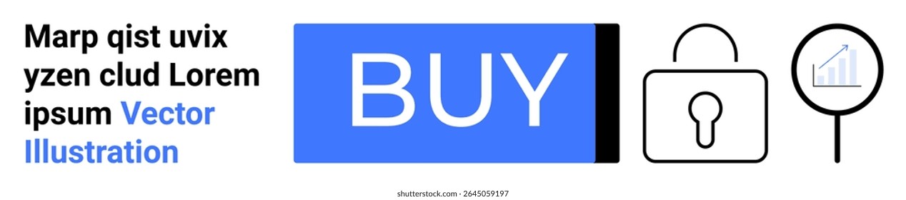 Blue BUY button, lock icon symbolizing security, magnifying glass with graph for analytics, placeholder text. Ideal for online shopping, security, digital marketing, analytics, user interface, web