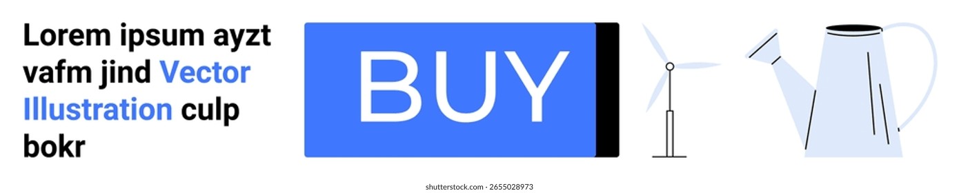 Azul Comprar Botón junto a la turbina eólica y regadera. Ideal para comercio electrónico, energía renovable, jardinería, diseño moderno, temas ecológicos, marketing y diseño limpio. Página de destino
