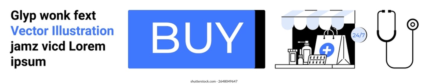 Blue BUY button, online medical store with shopping bags, and black stethoscope. Ideal for e-commerce, online shopping, medical store, health services, digital marketplace, user interface, web