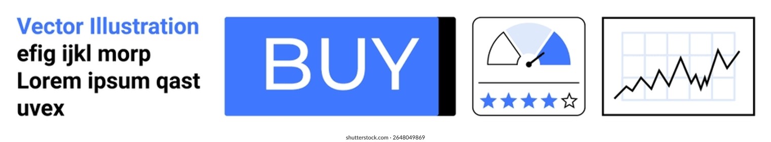 Blue BUY button, rating system with triangle dial and stars, financial chart with rising graph. Ideal for e-commerce, user interfaces, online shopping, ratings systems, financial dashboards, business