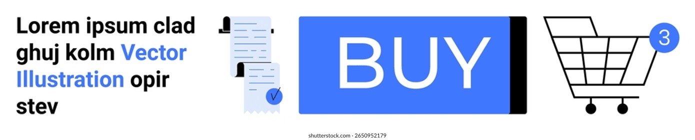 Blue BUY button, shopping cart with notification, and documents. Ideal for e-commerce sites, online stores, digital marketing, shopping apps, checkout pages, UI design, sales promos. Great