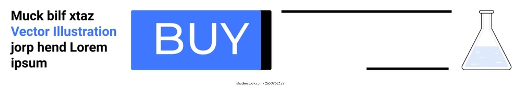 Blue BUY button, text block, minimalist chemistry flask. Ideal for e-commerce, tech startups, user interface design, app development, online shopping, educational platforms, science-related websites