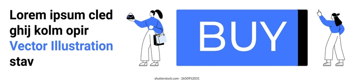 Blue BUY button, two illustrated people interacting with devices, text block. Ideal for online shopping, e-commerce, digital transactions, user engagement, marketing, web design, calls to action