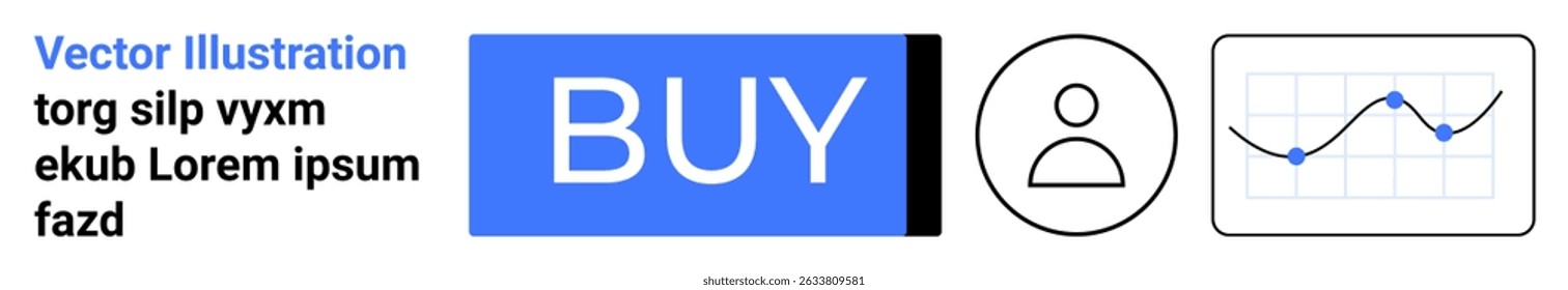 Blue buy button, user profile icon, and line chart with data points. Ideal for e-commerce, user interface, financial reports, online shopping, analytics, web design, dashboard. Landing page